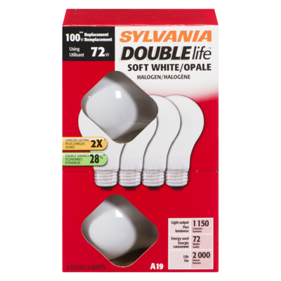 Sylvania A19 Halogen Double Life 72W=100W Light Bulbs, Soft White 1 ea, $3.00/1ea