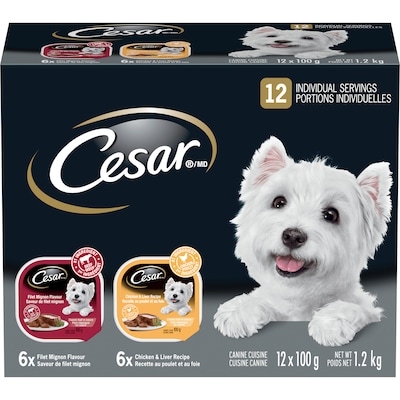 Cesar Nourriture humide pour chiens – pain classique en sauce en multi-emballage de 12 (saveur de filet mignon et recette au poulet et au foie) 12x100.0 g, 1,75 $/100g