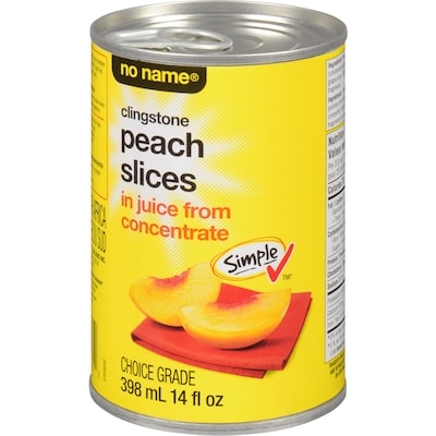 No Name Clingstone Peach Slices in Juice From Concentrate 398 ml, $0.50/100ml