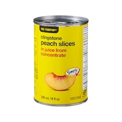 Sans Nom Pêches tranchées à noyau adhérent dans du jus fait de concentré 398 ml, 0,58 $/100ml