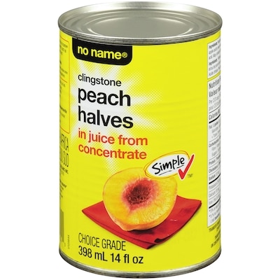 No Name Clingstone Peach Halves in Juice From Concentrate 398 ml, $0.75/100ml