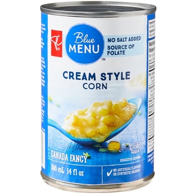 PC Blue Menu Cream Style Corn 398 ml, $0.50/100ml