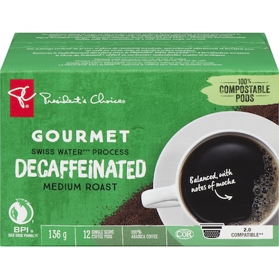 President's Choice Gourmet Swiss Water Process Decaffeinated Medium Roast Single Serve Coffee Pods 12 ea, $0.83/1ea