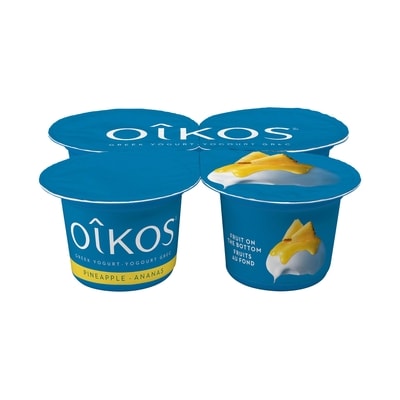 Oikos Greek Yogurt, Pineapple, Fruit on the Bottom, 2% M.F. 4x100.0 g, $1.20/100g