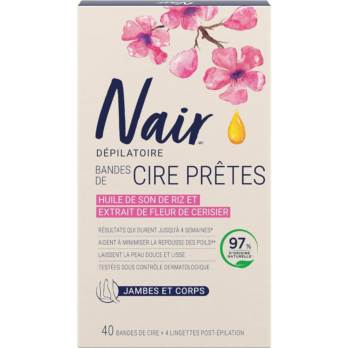 Nair Wax Ready Strips for Legs and Body with 100% Naturally Sourced Rice Bran Oil 40 ea, $0.40/1ea