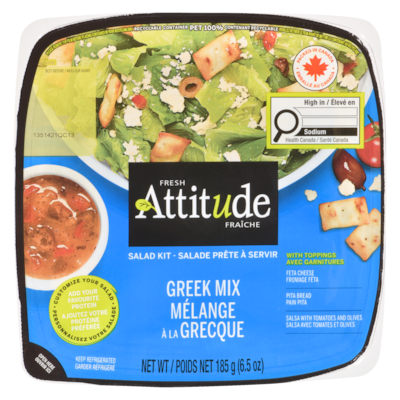 Attitude Fraîche Salade mélange à la grecque avec garnitures format individuel 185 g, 3,78 $/100g