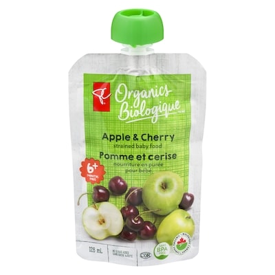 PC Biologique Nourriture en purée pour bébés pomme et cerise 128 ml, 0,78 $/100ml