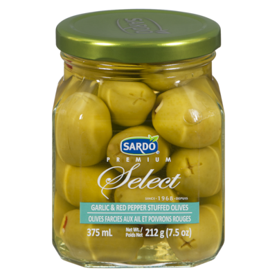 Sardo Olives farcies à l’ail et aux poivrons rouges 375 ml, 2,40 $/100ml