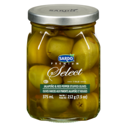 Sardo Jalapeno & Red Pepper Stuffed Olives 375 ml, $2.40/100ml