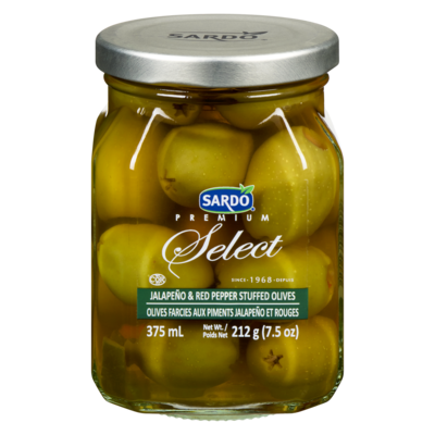 Sardo Olives farcies aux jalapeños et poivrons rouges 375 ml, 2,40 $/100ml
