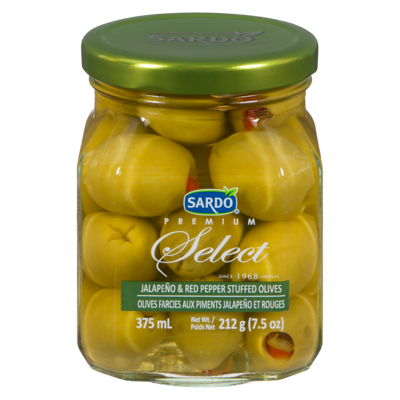 Sardo Olives farcies aux jalapeños et poivrons rouges 375 ml, 2,40 $/100ml