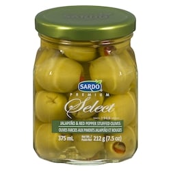 Sardo Olives farcies aux jalapeños et poivrons rouges 375 ml, 2,40 $/100ml