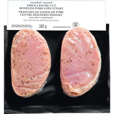 null Tranches de longe de porc centre désossées épaisses 380 g, 1,58 $/100g