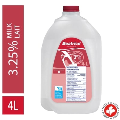 Beatrice Lait homogénéisé. 3.25 % 4 l, 0,16 $/100ml
