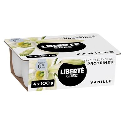 Liberté Grec Yogourt 0 %, emb. de 4, Vanille, Teneur élevée en protéines et en probiotiques, 100 g, 4 u. 4x100.0 g, 1,50 $/100g