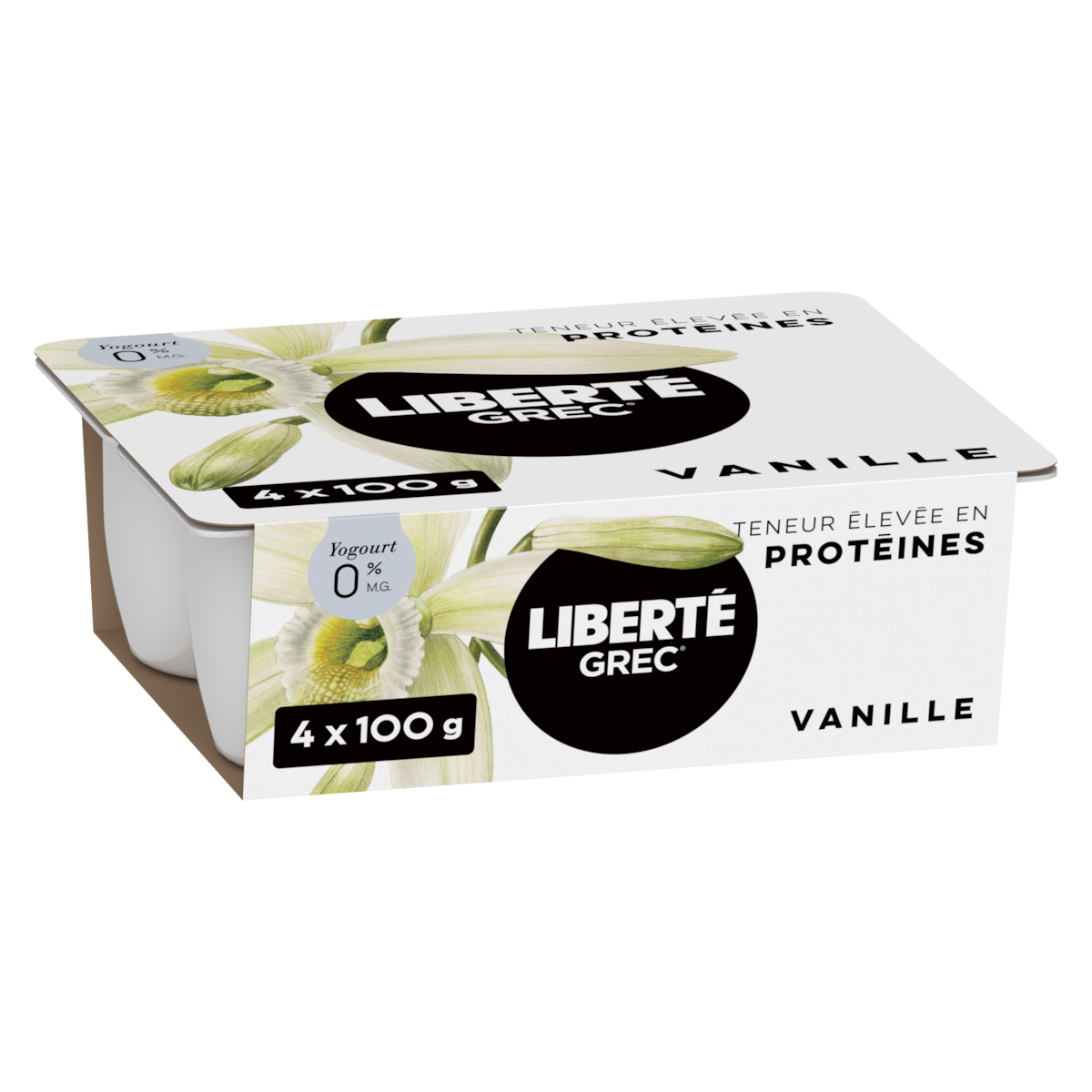 Liberté Grec Yogourt 0 %, emb. de 4, Vanille, Teneur élevée en protéines et en probiotiques, 100 g, 4 u. 4x100.0 g, 1,25 $/100g