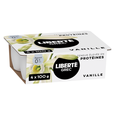 Liberté Grec Yogourt 0 %, emb. de 4, Vanille, Teneur élevée en protéines et en probiotiques, 100 g, 4 u. 4x100.0 g, 0,75 $/100g