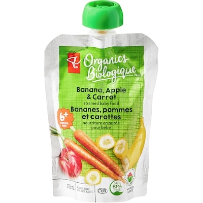 PC Biologique Nourriture pour bébé Biologique, bananes, pommes et carottes 128 ml, 0,78 $/100ml