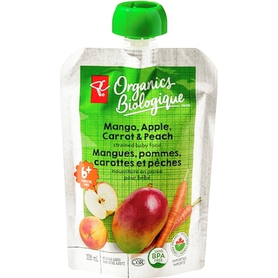 PC Biologique Nourriture en purée pour bébé Biologique, mangues, pommes, carottes et pêches 128 ml, 0,78 $/100ml