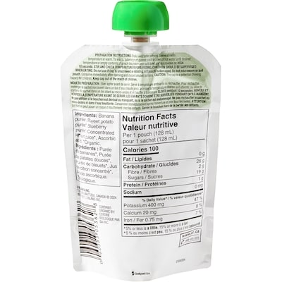 Nourriture en purée pour bébé Biologique, bananes, patates douces et bleuets