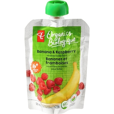PC Biologique Nourriture en purée pour bébé Biologique, bananes et framboises 128 ml, 1,55 $/100ml