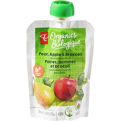 PC Biologique Nourriture en purée pour bébé Biologique, poires, pommes et brocoli 128 ml, 0,78 $/100ml
