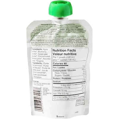 Nourriture en purée pour bébé Biologique, pommes, bleuets et petits pois