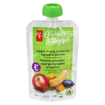 PC Biologique Nourriture en purée pour bébés pomme pruneau et courge musquée 128 ml, 0,78 $/100ml