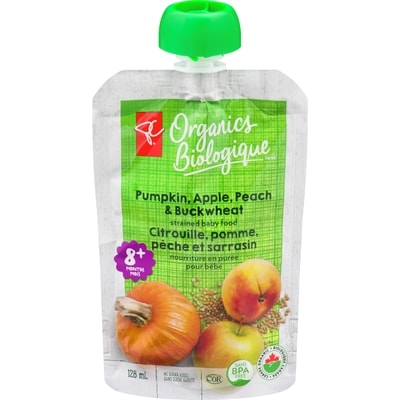PC Biologique Nourriture en purée pour bébés pomme pêche citrouille et sarrasin 128 ml, 0,78 $/100ml