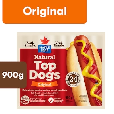 Maple Leaf Natural Top Dogs Original Hot Dogs, Family Size 900 g, $1.56/100g