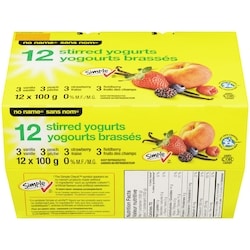 Sans Nom Yogourt brassé 0 % M.G., vanille, pêche, fraise et fruits des champs 12x100.0 g, 0,48 $/100g