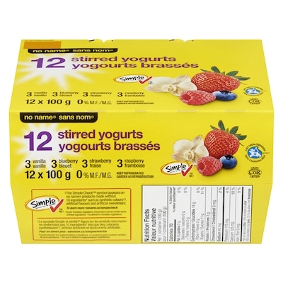 Sans Nom Yogourt brassé 0 % M.G., vanille, bleuet, fraise et framboise  12x100.0 g, 0,38 $/100g