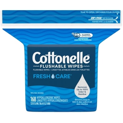 Cottonelle Lingettes humides jetables dans les toilettes Fresh Care, lingettes humides pour adultes, 1 pack de recharge, 168 lingettes au total 168 ea, 15,00 $/1ch