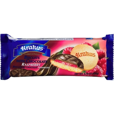 Krakus Biscuit with Chocolate, Raspberry 135 g, $1.84/100g