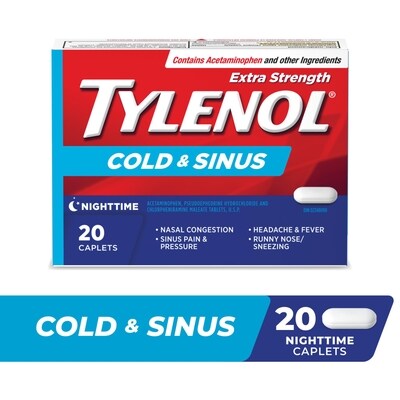 Tylenol TYLENOL Extra fort, Rhume et sinus, Nuit, soulage les symptômes du rhume et des sinus, 20 caplets 20 ea, 0,50 $/1ch
