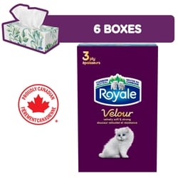 Royale Velour 3 Ply Facial Tissue, 6 Tissue Boxes, 72 Tissues per box 6x1.0 ea, $0.01/1ea