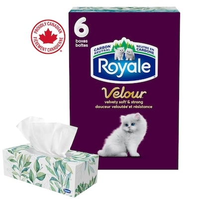 Royale Velour 3 Ply Facial Tissue, 6 Tissue Boxes, 72 Tissues per box 6x1.0 ea, $0.01/1ea
