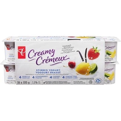 President's Choice Creamy Naturally Flavoured Stirred Yogurt Cups - Vanilla, Strawberry, Cherry, Lemon-Lime 16x100.0 g, $0.44/100g