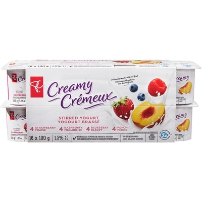 President's Choice Creamy Stirred Yogurt Cups - Strawberry, Raspberry, Blueberry & Peach  16x100.0 g, $0.46/100g