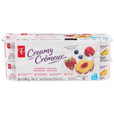 President's Choice Creamy Stirred Yogurt Cups - Strawberry, Raspberry, Blueberry & Peach 16x100.0 g, $0.47/100g
