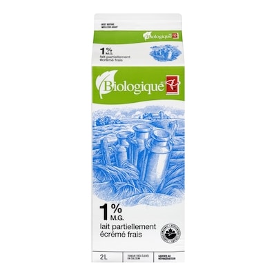 PC Biologique Lait Partiellement Écrémé 1 % 2 l, 0,37 $/100ml