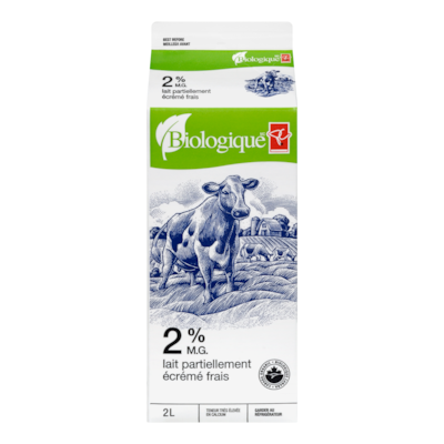 PC Biologique Lait Partiellement Écrémé 2 % 2 l, 0,37 $/100ml