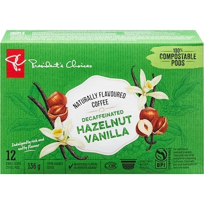 President's Choice Decaffeinated Hazelnut Vanilla Naturally Flavoured Single Serve Coffee Pods 12 ea, $0.67/1ea