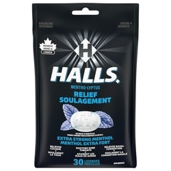 Halls Pastilles pour la gorge, Mentho-Lyptus Extra fort, sac de 30 pastilles 30 ea, 0,17 $/1ch