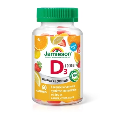 Jamieson Gummies vitamine D3, Orange, Citron, Fraise 60 ea, 0,14 $/1ch