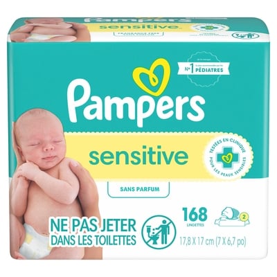 Pampers Lingettes pour bébés non parfumées Pampers Sensitive, 3X boîtes distributrices, 168 lingettes 168 ea, 0,06 $/1ch