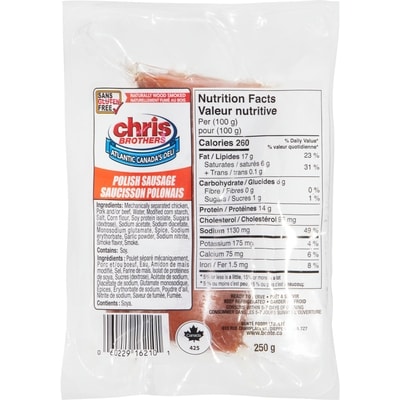 Chris Brothers Polish Sausage 250 g, $2.00/100g