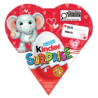 Kinder Cœur surprise de la St-Valentin, 2 œufs en chocolat avec jouets, classique 40 g, 12,50 $/100g