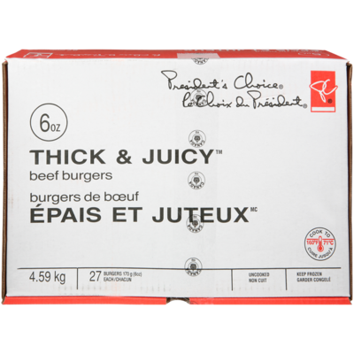 President's Choice Thick & Juicy Beef Burgers 4.59 kg, $1.46/100g