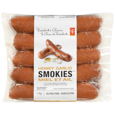 le Choix du Président Saucisses fumées Smokies au miel et à l'ail    1 kg, 1,60 $/100g